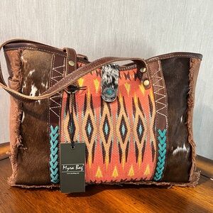 New Myra Canvas, Hairon, Rug & Leather Tote Bag